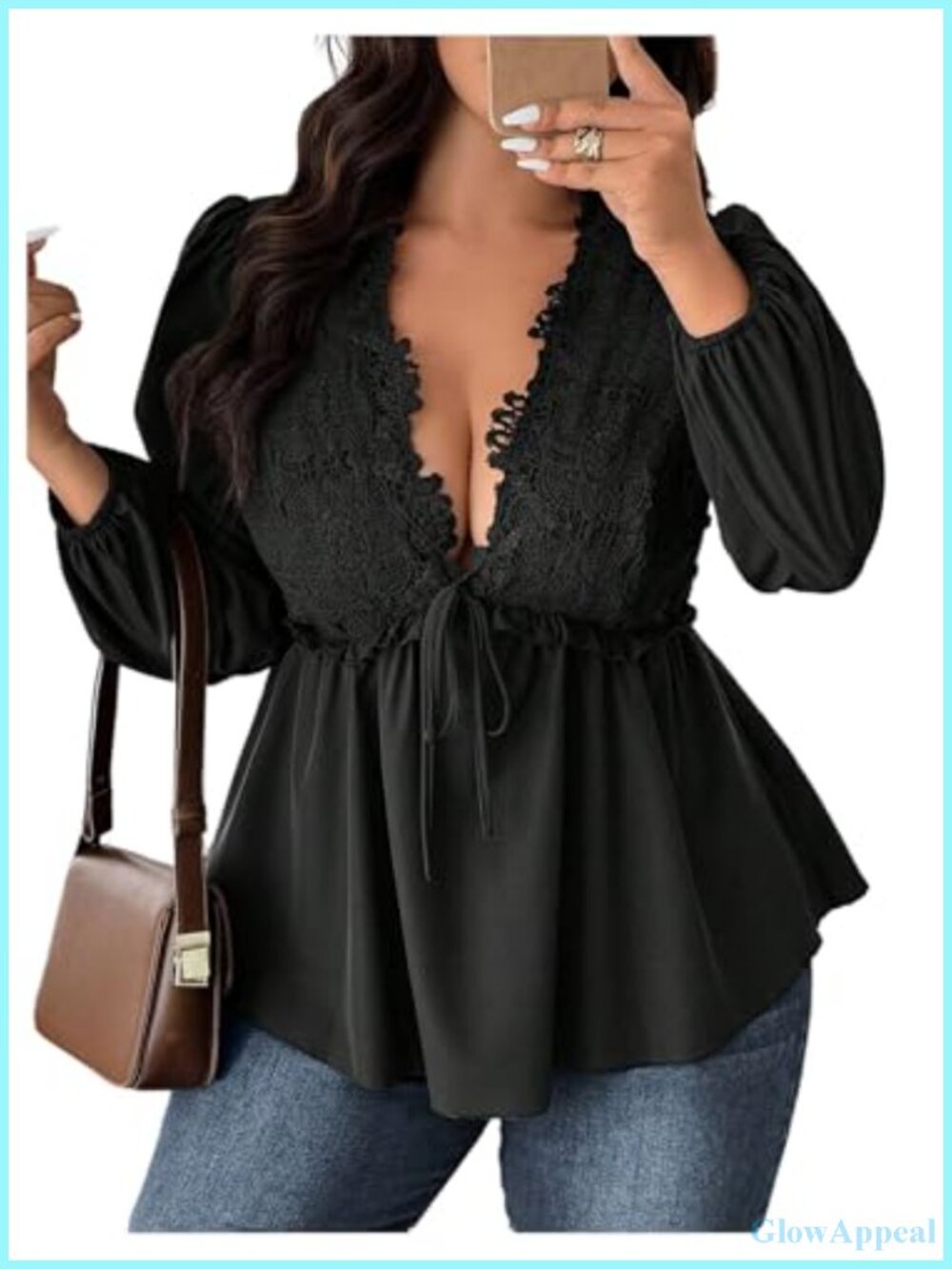 Plus Size Lace Deep V Neck Peplum Ruffle Hem Long Sleeve Blouse